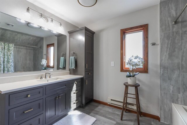 N4618 State Road 49, Waupaca, WI 54981 - full bath featuring a baseboard radiator, curtained shower, vanity, wood finished floors, and baseboards