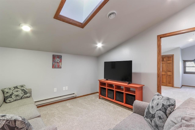 N4618 State Road 49, Waupaca, WI 54981 - living area with baseboard heating, vaulted ceiling, carpet, a skylight, and baseboards