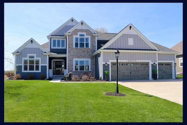 craftsman house with board and batten siding, a front lawn, an attached garage, and driveway