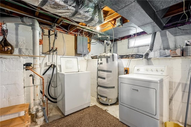laundry area featuring electric panel, independent washer and dryer, and water heater