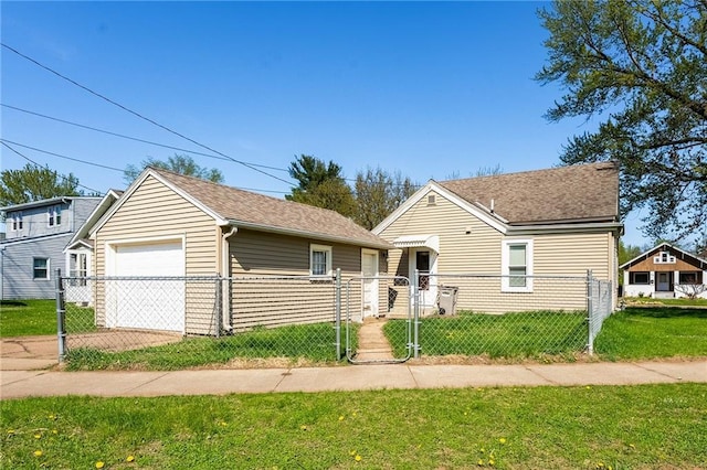 view of front of home featuring a garage, a gate, and a shingled roof