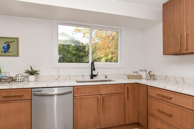 7113 N Navajo Ave, Glendale, WI 53217 - kitchen with dishwasher, a sink, and light stone counters