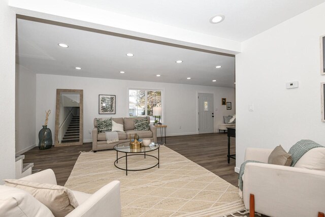 7113 N Navajo Ave, Glendale, WI 53217 - living room with stairway, wood finished floors, recessed lighting, and baseboards