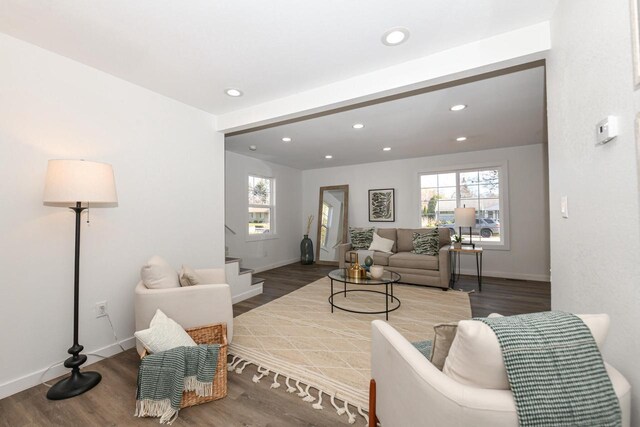7113 N Navajo Ave, Glendale, WI 53217 - living room with stairway, wood finished floors, recessed lighting, and baseboards