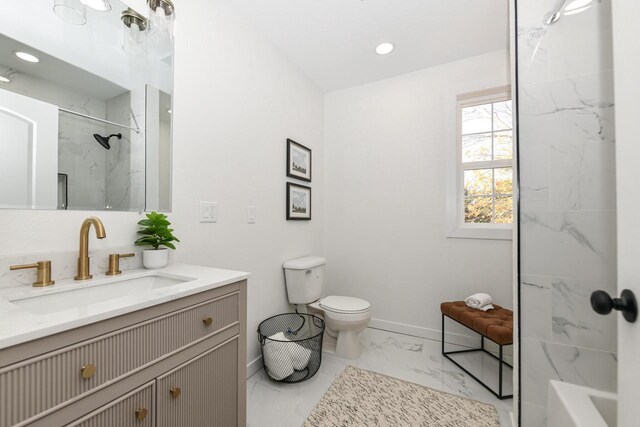 7113 N Navajo Ave, Glendale, WI 53217 - bathroom with marble look tiles, a marble finish shower, toilet, baseboards, and recessed lighting