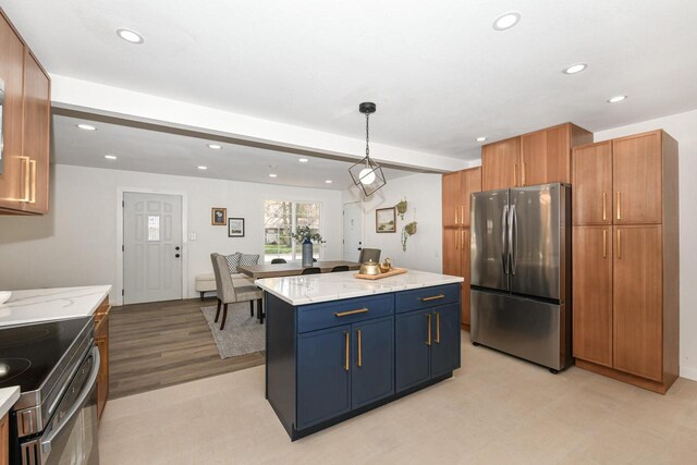 7113 N Navajo Ave, Glendale, WI 53217 - kitchen featuring stainless steel appliances, recessed lighting, hanging light fixtures, light stone countertops, and a kitchen island