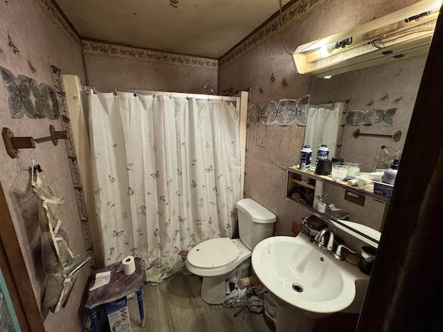 W5318 Hillside Dr, Merrill, WI 54452 - full bathroom with a sink, toilet, a shower with shower curtain, and wood finished floors