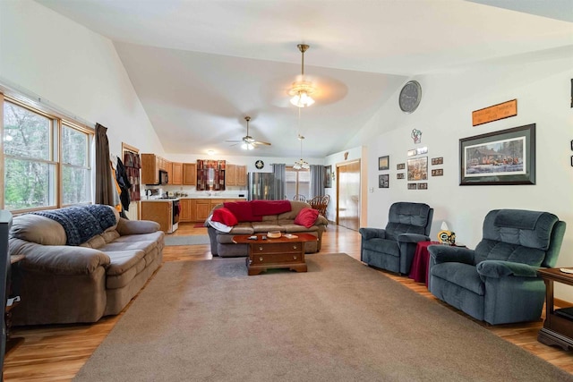 1809 S Badger Ct, Arkdale, WI 54613 - living room featuring lofted ceiling, light wood-style flooring, healthy amount of natural light, and a ceiling fan