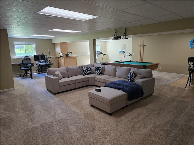 2649 W Menomonie St, Eau Claire, WI 54703 - living room with carpet floors, an office area, pool table, a paneled ceiling, and baseboards