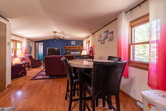 1870 County Road F Unit L69, Friendship, WI 53934 - dining room with plenty of natural light, wood finished floors, a ceiling fan, a textured ceiling, and lofted ceiling