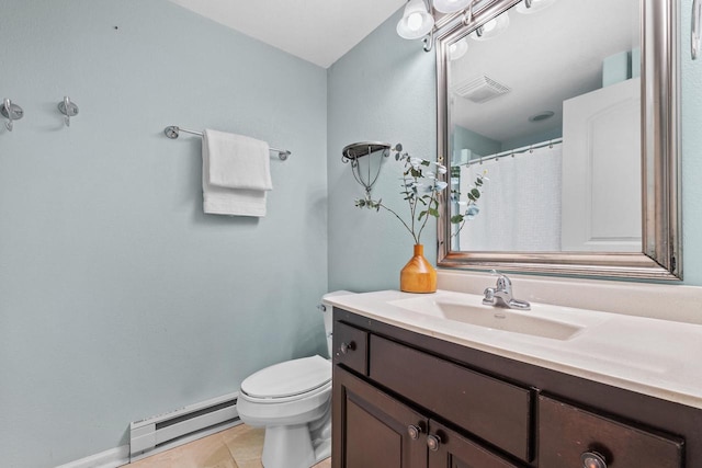 252 Willow Dr, Hartland, WI 53029 - bathroom with baseboard heating, toilet, vanity, baseboards, and tile patterned flooring