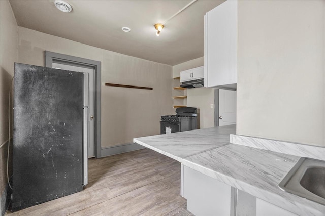 1341 S Layton Blvd Unit 1343, Milwaukee, WI 53215 - kitchen featuring black gas range oven, under cabinet range hood, light wood-type flooring, white cabinets, and open shelves