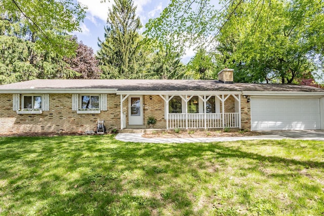 N56W27528 Lisbon Rd, Lisbon, WI 53089 - ranch-style house featuring covered porch, an attached garage, a chimney, brick siding, and a front lawn
