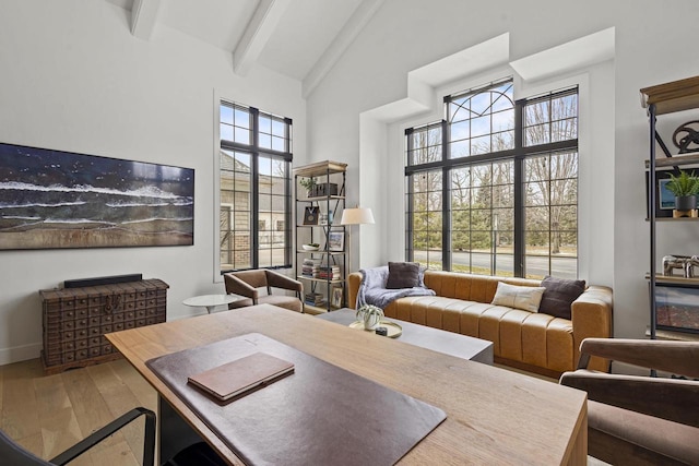 536 Sunrise Bay Rd, Neenah, WI 54956 - office area featuring high vaulted ceiling, beam ceiling, and wood finished floors