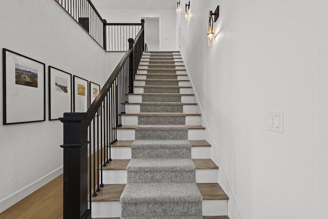 536 Sunrise Bay Rd, Neenah, WI 54956 - stairway featuring wood finished floors, baseboards, and a towering ceiling