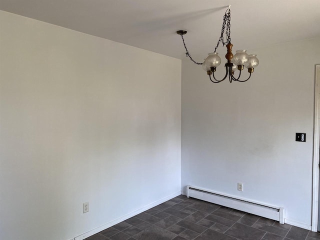empty room with baseboard heating, a chandelier, and baseboards