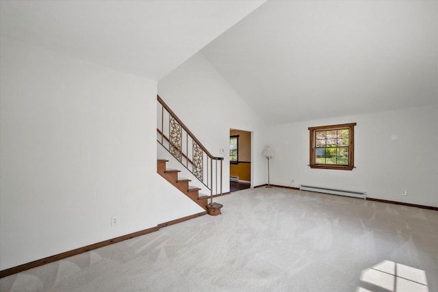 1401 Scenic Dr, Hubertus, WI 53033 - unfurnished living room featuring a baseboard radiator, carpet, stairway, baseboards, and high vaulted ceiling