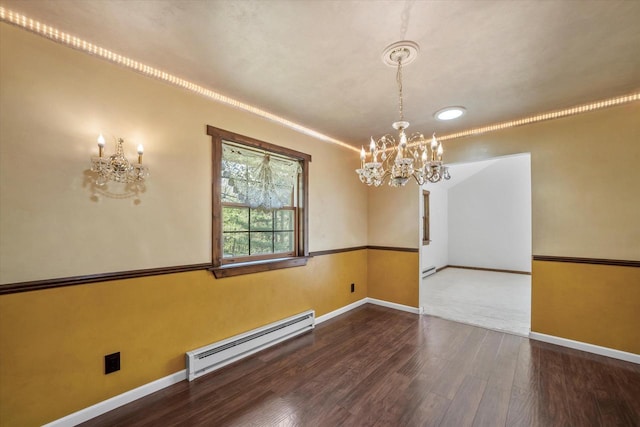 1401 Scenic Dr, Hubertus, WI 53033 - unfurnished dining area with a baseboard heating unit, a chandelier, wood finished floors, and baseboards