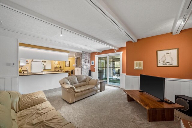 1401 Scenic Dr, Hubertus, WI 53033 - living room featuring carpet, wainscoting, beam ceiling, and a textured ceiling