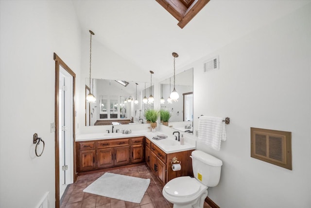 1401 Scenic Dr, Hubertus, WI 53033 - full bathroom with tile patterned flooring, toilet, lofted ceiling, and double vanity