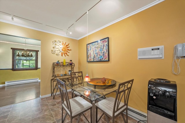 1401 Scenic Dr, Hubertus, WI 53033 - dining space featuring track lighting, a baseboard radiator, baseboard heating, ornamental molding, and a wall mounted air conditioner