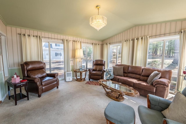 1226 Lake St, White Lake, WI 54491 - living area with a chandelier, lofted ceiling, and carpet flooring