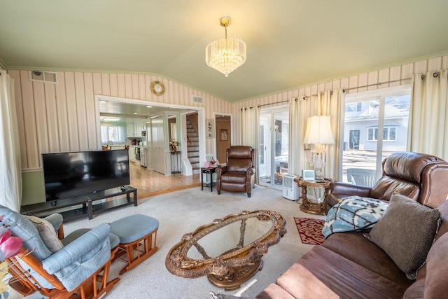 1226 Lake St, White Lake, WI 54491 - living area with a chandelier, vaulted ceiling, crown molding, and carpet floors