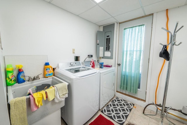 1226 Lake St, White Lake, WI 54491 - laundry area featuring separate washer and dryer, electric panel, and light tile patterned floors