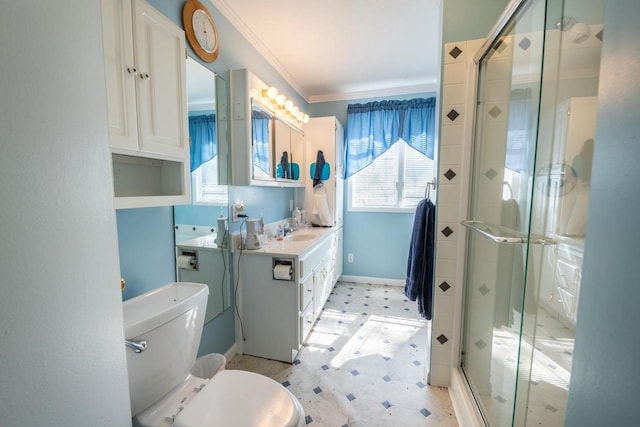 1226 Lake St, White Lake, WI 54491 - bathroom with a stall shower, toilet, crown molding, vanity, and tile patterned floors