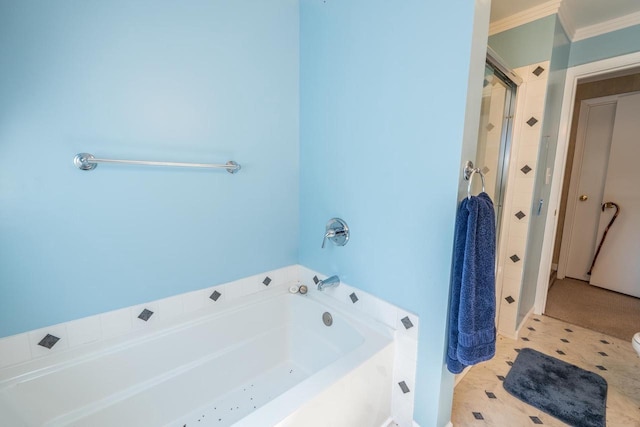 1226 Lake St, White Lake, WI 54491 - bathroom with a shower stall, ornamental molding, and a garden tub