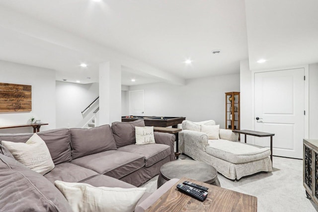 W139S9977 Jay Dr, Muskego, WI 53150 - living room with stairs, light colored carpet, pool table, and recessed lighting