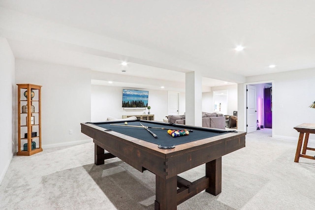 W139S9977 Jay Dr, Muskego, WI 53150 - recreation room with light carpet, billiards, recessed lighting, and baseboards