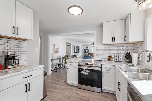 1201 Redwood Dr, Green Bay, WI 54304 - kitchen featuring stainless steel appliances, a sink, tasteful backsplash, and white cabinetry