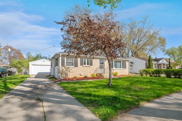 1201 Redwood Dr, Green Bay, WI 54304 - ranch-style house featuring an outdoor structure, a garage, a front yard, and stone siding