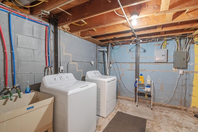 1201 Redwood Dr, Green Bay, WI 54304 - clothes washing area featuring washing machine and dryer and electric panel