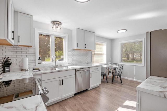 1201 Redwood Dr, Green Bay, WI 54304 - kitchen with stainless steel appliances, a sink, white cabinets, decorative backsplash, and light wood-type flooring