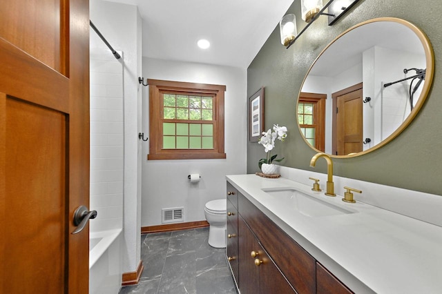 5458 Cascade Dr, West Bend, WI 53095 - full bathroom with toilet, vanity, bathtub / shower combination, baseboards, and marble finish floors
