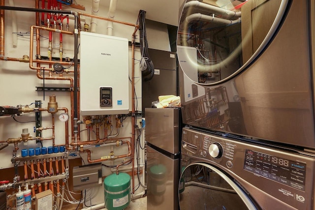 W4310 33rd St, Necedah, WI 54646 - washroom featuring stacked washer / dryer and water heater