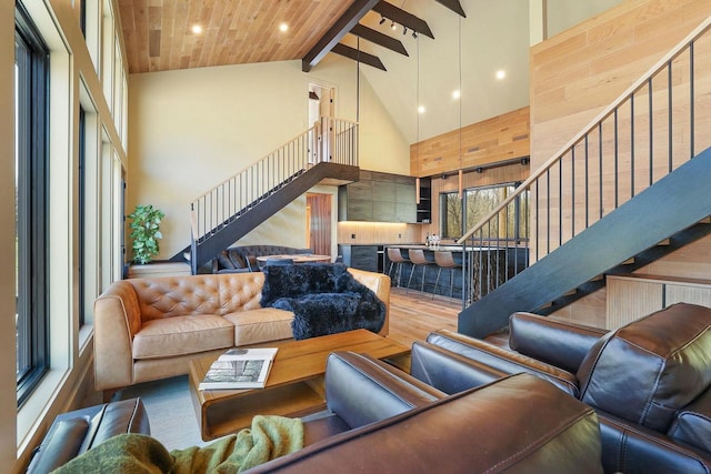 W4310 33rd St, Necedah, WI 54646 - living room featuring high vaulted ceiling, stairs, beam ceiling, wood finished floors, and recessed lighting