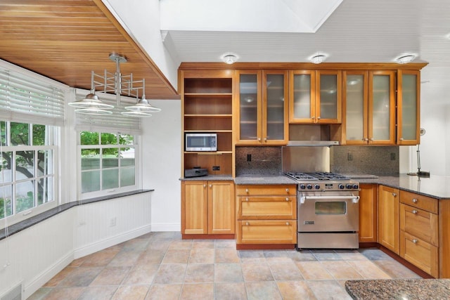 923 Swarthmore Ct, Madison, WI 53705 - kitchen featuring stainless steel appliances, backsplash, glass insert cabinets, and brown cabinets