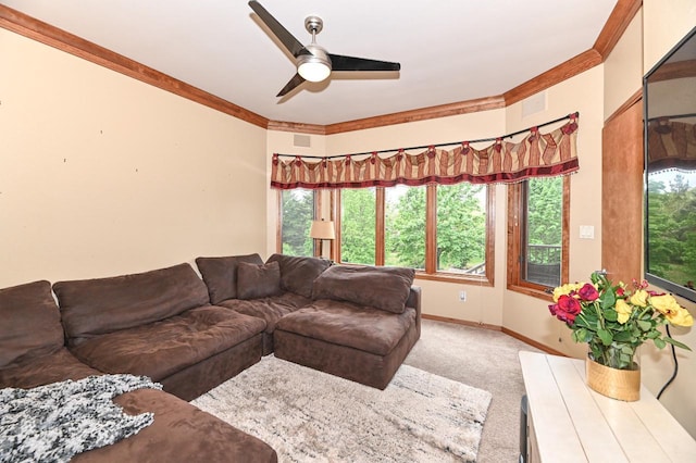 7601 S Cambridge Dr, Franklin, WI 53132 - living area featuring light colored carpet, ceiling fan, and baseboards