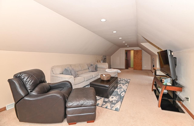 7601 S Cambridge Dr, Franklin, WI 53132 - living room with light colored carpet, lofted ceiling, baseboards, and recessed lighting