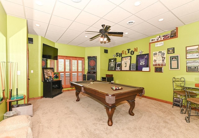 7601 S Cambridge Dr, Franklin, WI 53132 - playroom with carpet flooring, baseboards, billiards, a ceiling fan, and a drop ceiling