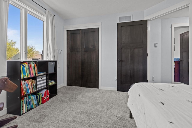 carpeted bedroom featuring baseboards and a closet
