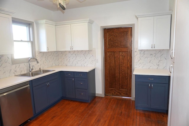 501 N Prospect St, Merrill, WI 54452 - kitchen with stainless steel dishwasher, a sink, blue cabinetry, and white cabinetry