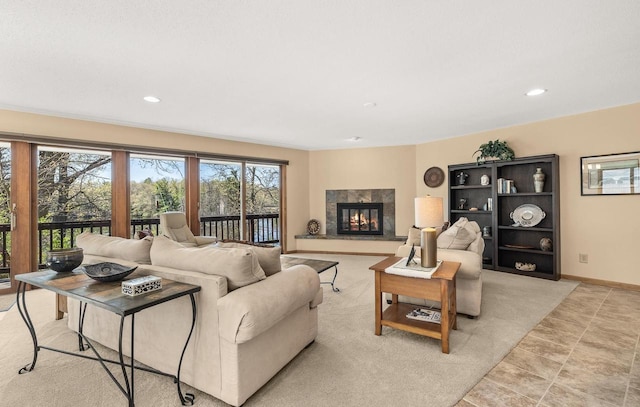 528 Park Ave, Waupaca, WI 54981 - living room featuring a fireplace, recessed lighting, and light tile patterned flooring