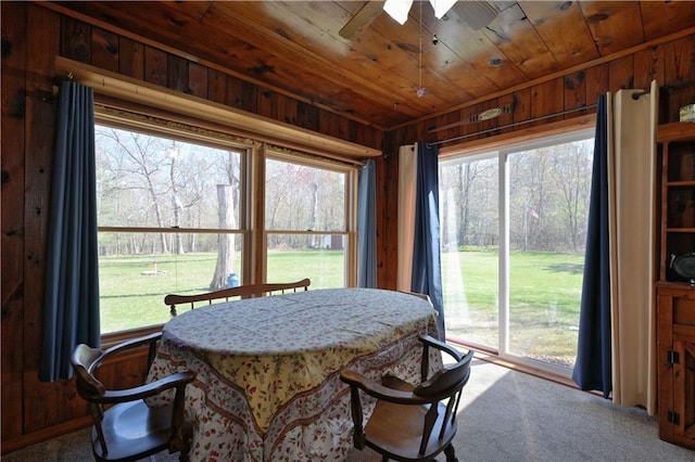 7266 County Road U, Danbury, WI 54830 - carpeted dining room featuring wood ceiling, ceiling fan, and wood walls