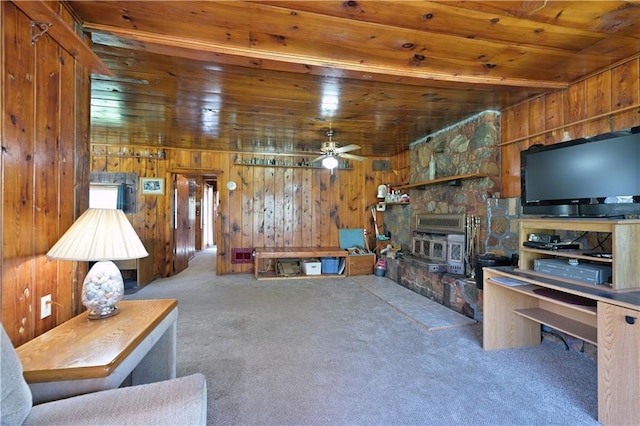 7266 County Road U, Danbury, WI 54830 - carpeted living area with wooden ceiling, wood walls, and ceiling fan