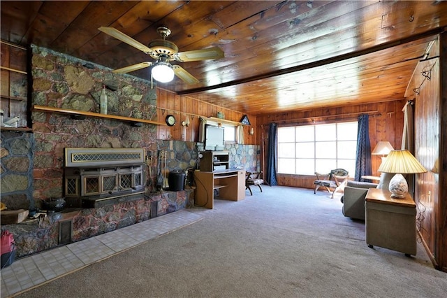 7266 County Road U, Danbury, WI 54830 - carpeted living room featuring wood ceiling, ceiling fan, and wooden walls