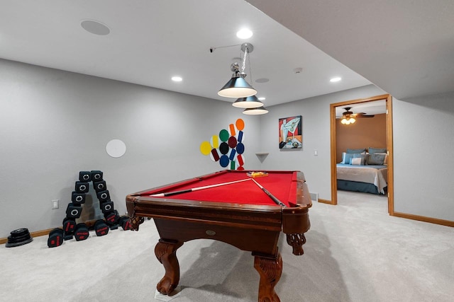 W6928 Westwood Dr, Fond Du Lac, WI 54937 - playroom featuring light carpet, billiards, baseboards, recessed lighting, and a ceiling fan